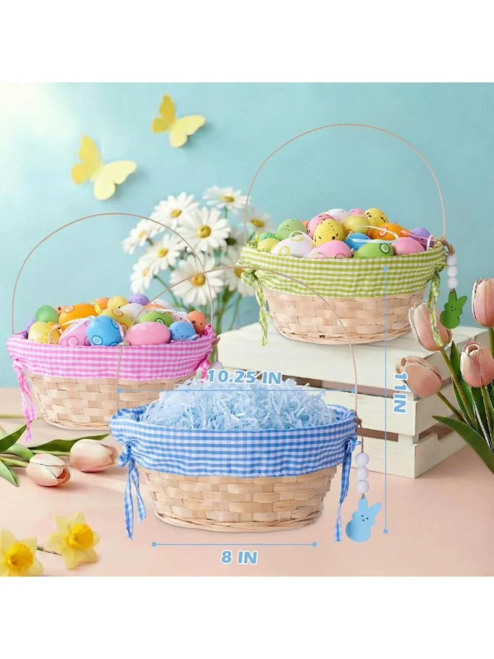 Personalized Large Easter Baskets for Kids - 3 Pcs Wicker & Rope, Colorful Gift